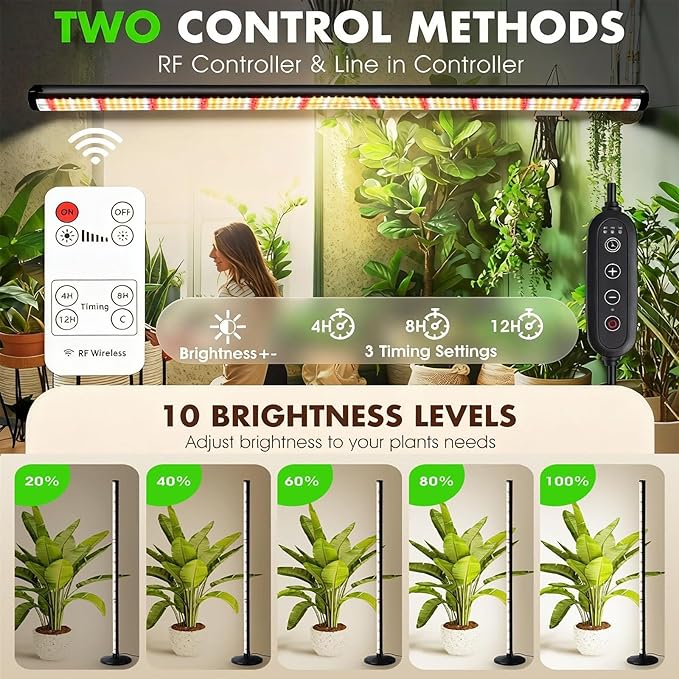 65 Inch Vertical Grow Lights for Indoor Plants: 48W, 6000K, 336 LEDs Full Spectrum LED Standing Plant Lights with Timer and 10 Level Dimmable Plant Growing Lamp for Greenhouse with Hanging Accessory