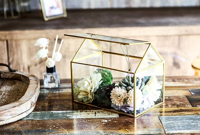 House Shape Close Glass Geometric Terrarium Tabletop Succulent Plant House Garden Planter Moss Fern Swing Lid, Flower Pot for Plants Succulent, Air Plant (Gold)