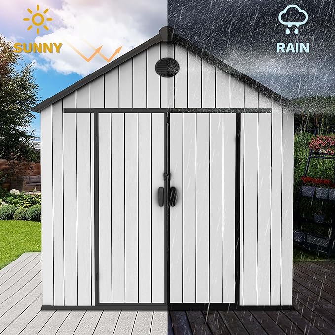 DWVO 8x8 FT Outdoor Storage Shed, 359 cuft Plastic Storage Shed with Lockable Door & Floor, All-Weather Tool Garden Shed with Window & Vent for Patio Furniture Bike Lawn Mower Pool Supplies, Gray