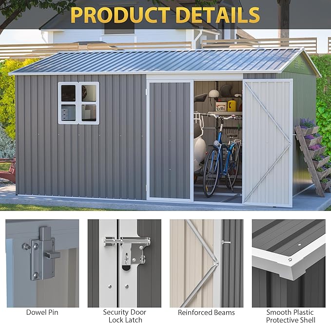 12x10 FT Outdoor Storage Shed,Metal Shed W/Window & Floor Frame,Garden Tool House W/Sloped Roof,Lockable Doors & Air Vents,for Backyard Patio Lawn,Gray
