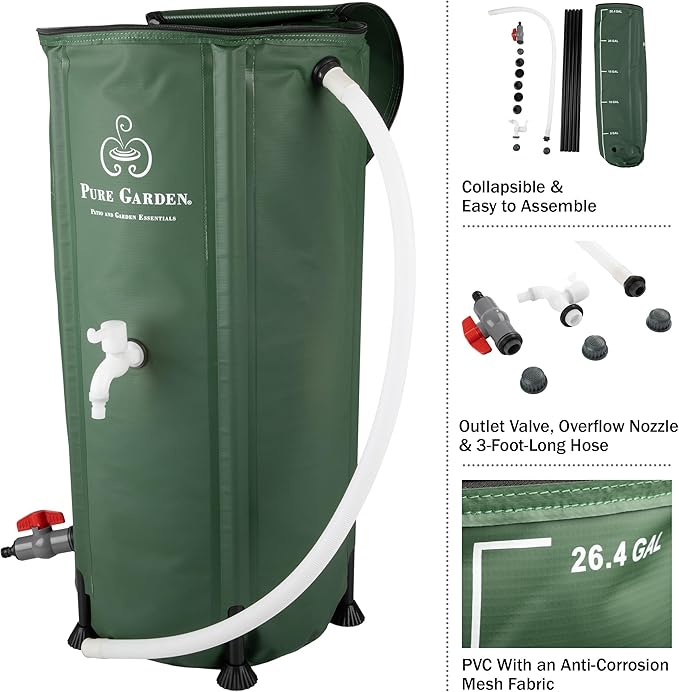 Rain Barrel - 26.4-Gallon/100-Liter Collapsible Water Container for Catching Rainwater - Portable Water Tank with Spigot by Pure Garden (Green