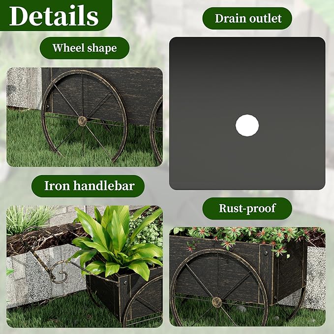 Small Raised Garden Bed Outdoor with Wagon Wheels, Metal Wagon Planter Box, Decorative Garden Planter for Flowers Herbs Vegetables, Flower Cart for Patio, Balcony (Retro Gold)