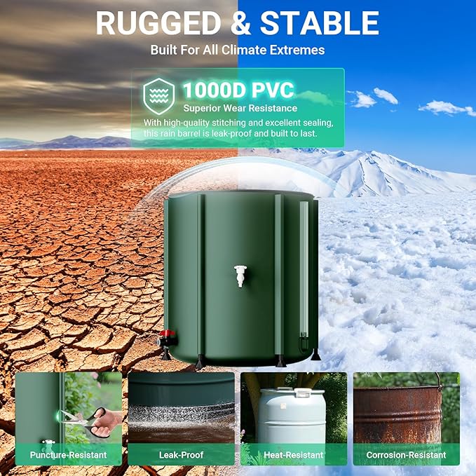 SKM Collapsible Rain Barrel, 53 Gallon Portable Rain Water Collection Barrel for Garden/Outside/Lawn, PVC Rainwater Collection System Water Tank Storage Container with Spigots & Overflow Kit, Green