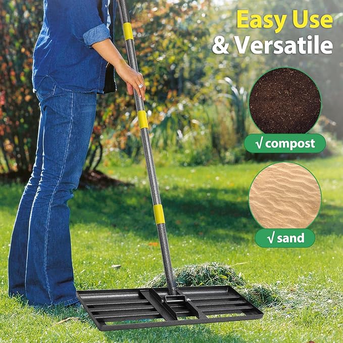 Lawn Leveling Rake, 6 FT Ground Lawn Leveler with 30 x 10 Wide Large Rakes Head for Smooth Garss Soil Dirt Sand, High Effect Yard Leveling Tool with Round Edge forGarden Golf Course, No Flip