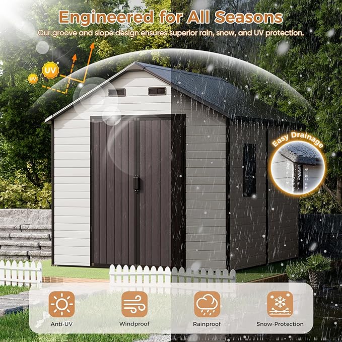 CDCASA 8x8 FT Resin Storage Shed, Waterproof Outside Plastic Storage Sheds with Floor, Adjustable Openable Windows, Lockable Door for Garden Patio Lawn, Brown & Beige