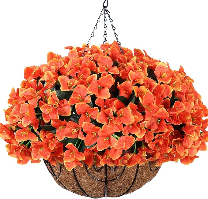 Artificial Faux Hanging Flowers Plants Baskets for Outdoors Spring Decoration, Fake Silk Bougainvillea Flowers in Planter Look Real UV Resistant Faux Flower for Outside Porch Patio Garden Yard Home