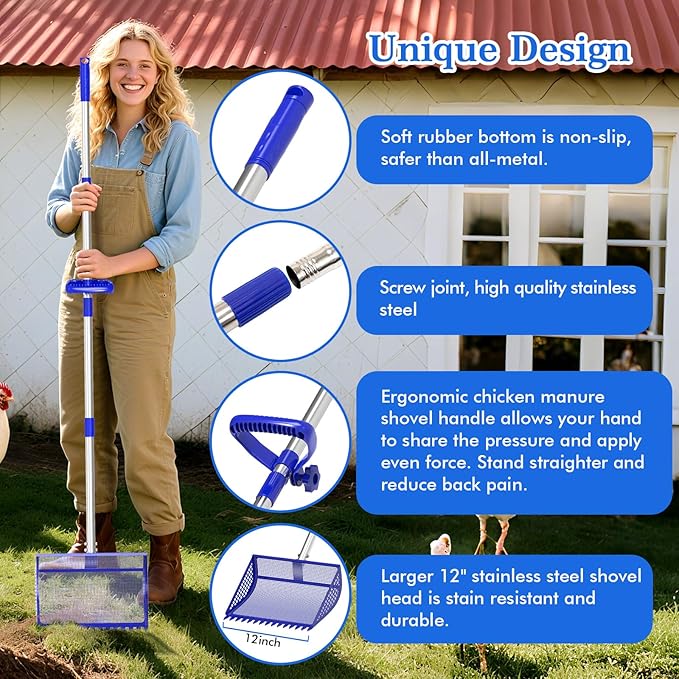 Chicken Poop Scooper & Rake 2-in-1,304 Stainless Steel Shovel Head, Chicken Litter Scoop with Handle for Chicken Coop & Pet Waste Cleaning, Litter Sifting Shovel (35 to 65") (Blue, 12inch)
