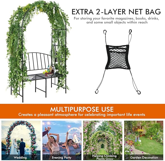 Giantex 81in Metal Garden Arch with Bench, Outdoor Garden Arbor Archway Trellis for Climbing Plants Vines, 2-Person Bench Loads 660 lbs, Patio Trellis Pergola Arches for Wedding Party Ceremony Decor
