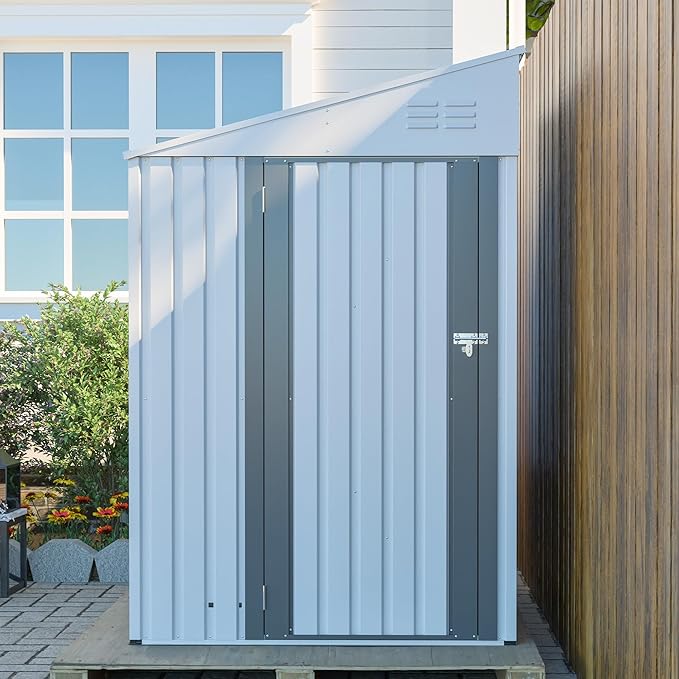 4x7 FT Outdoor Storage Shed,Lean to Lockable Metal Garden Shed Steel with Reinforced Beams,All Weather Waterproof Storage House W/Lockable Door&2 Air Vents,for Backyard,Patio,Lawn,Garden,White