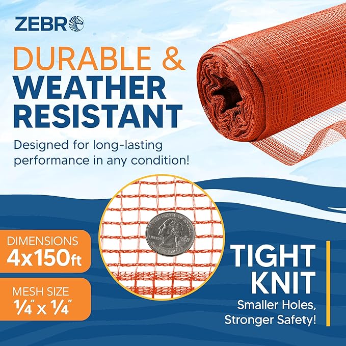Fire Retardant Debris Safety Netting (5.6' x 150' - Orange) - High Visibility Construction & Scaffolding & Railing & Elevator Netting for Enhanced Safety - Construction Fencing