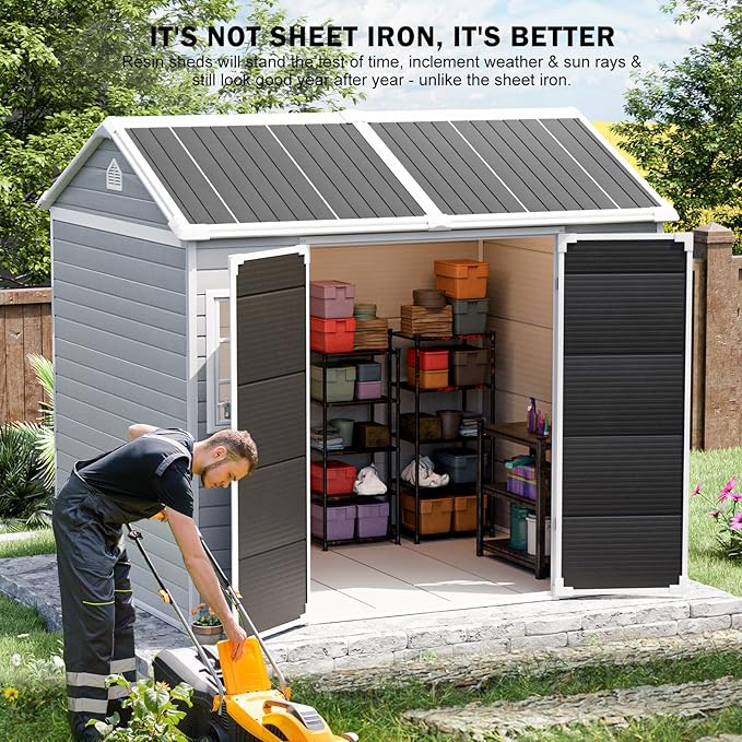 CDCASA 8x6 FT Resin Storage Sheds with Floor, Waterproof Large Outdoor Sheds and Adjustable Openable Windows,Outside Plastic Tool Shed for Backyard Garden Patio Lawn