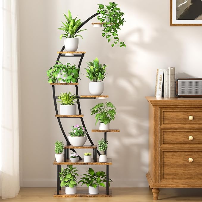 Plant Stand Indoor with Grow Lights, 9 Tier 63" Metal Plant Shelf for Multiple Plants, Tall Plants Shelves Corner Flower Holder, Half Curved Shape Plant Display Rack for Living Room, Balcony, Patio