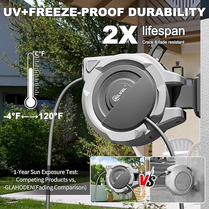 SILVEL Retractable Garden Hose Reel – 5/8 in x 75FT Heavy Duty Automatic Hose Reel Wall Mounted, Upgraded UV Resistant with 10 Pattern Nozzle, Any Length Lock & Slow Return System, 180°Swivel Bracket