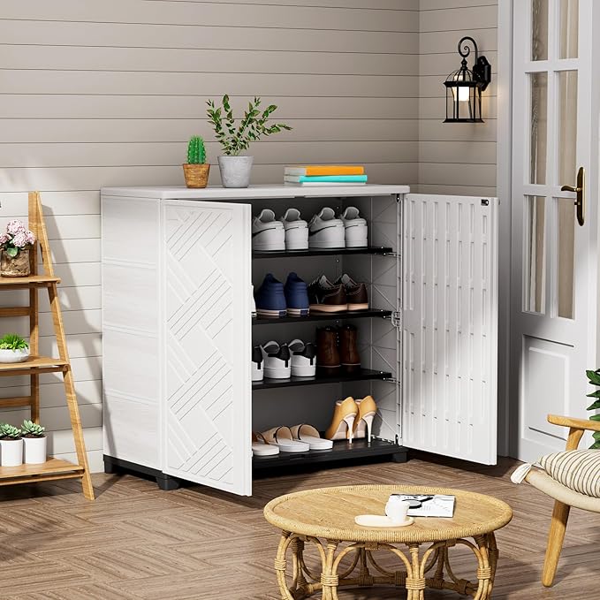 ZZM Indoor/Outdoor Storage Cabinet Waterproof, 34"x15"x34" Plastic Outdoor Storage Box for Garden Balcony Bathroom, All Weather Outdoor Storage Clearance, DIY Usage, with No Shelf (White)
