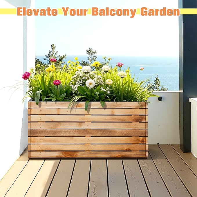 FENCY Large Metal Planter, Large Rectangular Planters for Outdoor Plants, Tall Outdoor Planters for Porch Patio, 32" L x 15" W x 16.3" H Walnut Finish Metal Planter with Drainage Hole