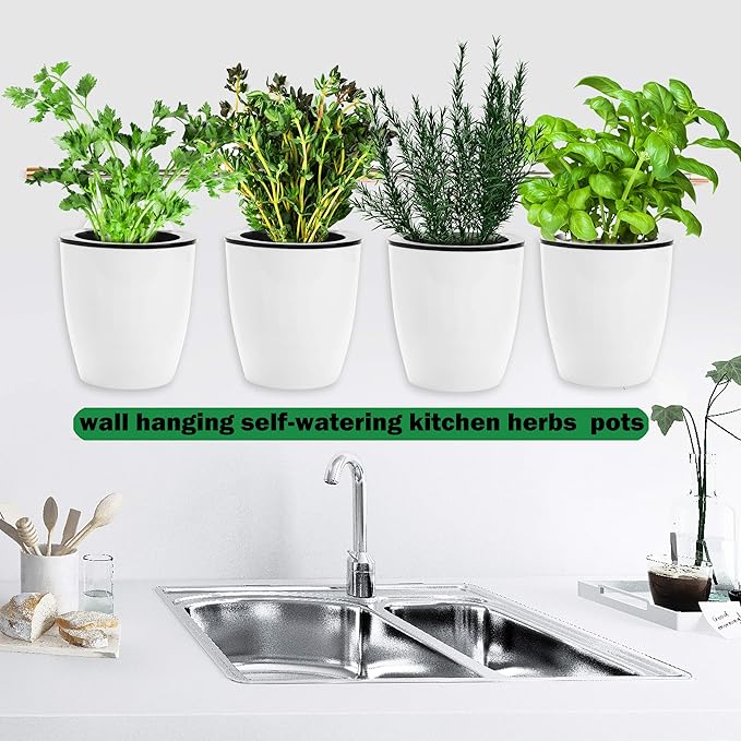 6 Pack White Hanging Planter Pots Self Watering Vertical Garden Wall Mount Window Hang Round Plastic Container Indoor Outdoor for Plants Flowers Succulent Kitchen Living Herbs Holder Decor(Large)