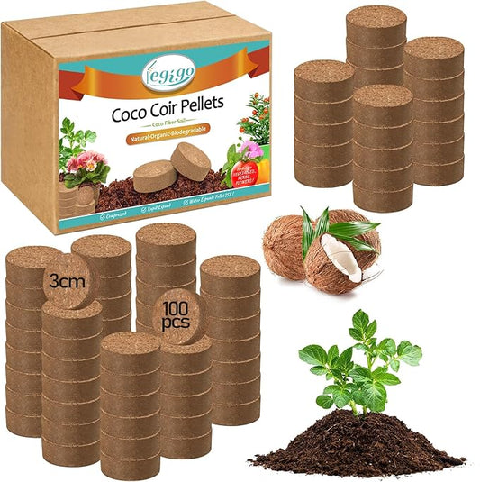Legigo 100 Pcs 30mm Coco Coir Pellets Seed Starter Soil Mix- Organic Coconut Coir Potting Soil Pods for Seedling, Coco Peat Soil Discs for Indoor & Outdoor Plants Bonsai Herbs Vegetables and Flowers
