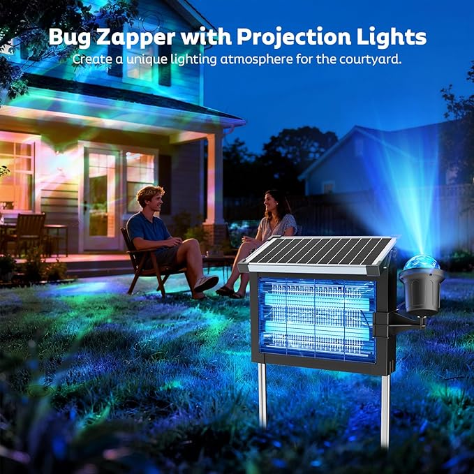 Solar Bug Zapper Outdoor with Projector Lights, Mosquito Zapper Waterproof Electric Fly Zapper Rechargeable with 10W Solar Panel, 4500V Cordless Fly Trap for Backyard, Patio, Garden, Camping