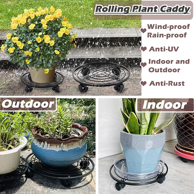 12" Metal Plant Caddy with Wheels 3 Packs Large Rolling Plant Stands Indoor Wheeled Plant Dolly Heavy-duty Planter Mover Roller Base Outdoor Plant Trolley Cart Water-proof, Plant Saucers on Wheels