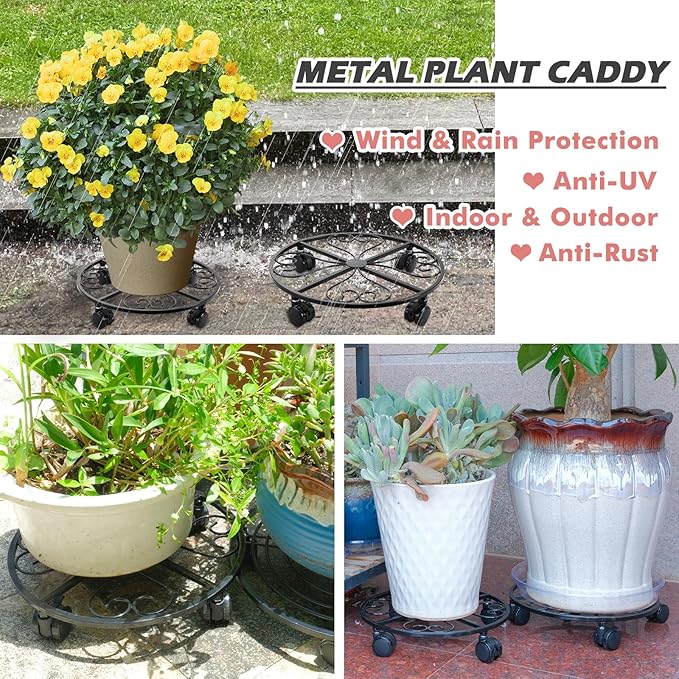 6 Pack Metal Plant Stand With Wheels - 13.5 Inch Heavy Duty Wrought Iron Rolling Caddy - Dolly, Rollers, Cart, Mover With 6 Pack Saucers