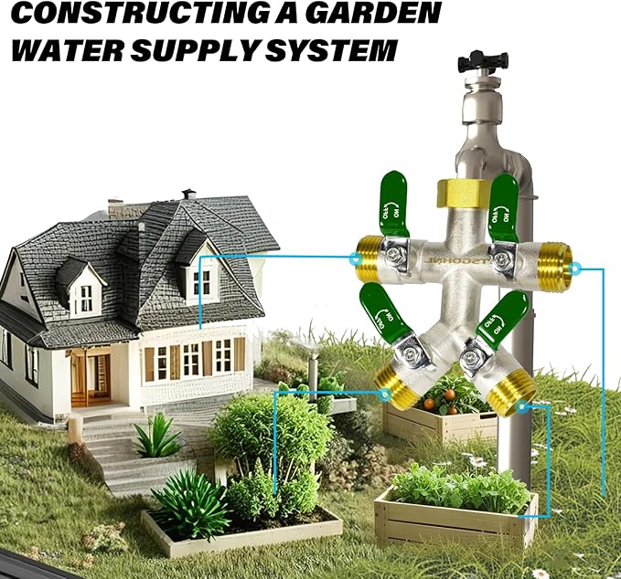Heavy Duty Brass Garden Hose Splitter, Freeze and Sun Resistant Outdoor Faucet 4 Way Valve, Nickel Plated for Rust Resistance, 3/4” GHT (green)