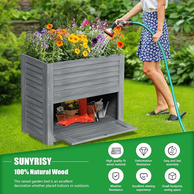 SUNYRISY 2Pack Wooden Raised Garden Bed with Storage Box, 34" L x 18" W x 30" H Elevated Large Garden Planter Box for Planting Herb Vegetable Flower Outdoor Indoor, Grey
