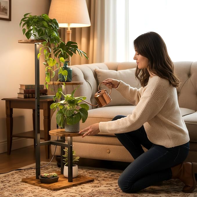 3 Tier Plant Stand Indoor with Grow Light, Tiered Plant Stands for Indoor Plants Multiple, Corner Flower Stand for Living Room, Multi-Layer Vintage Design Plant Shelf