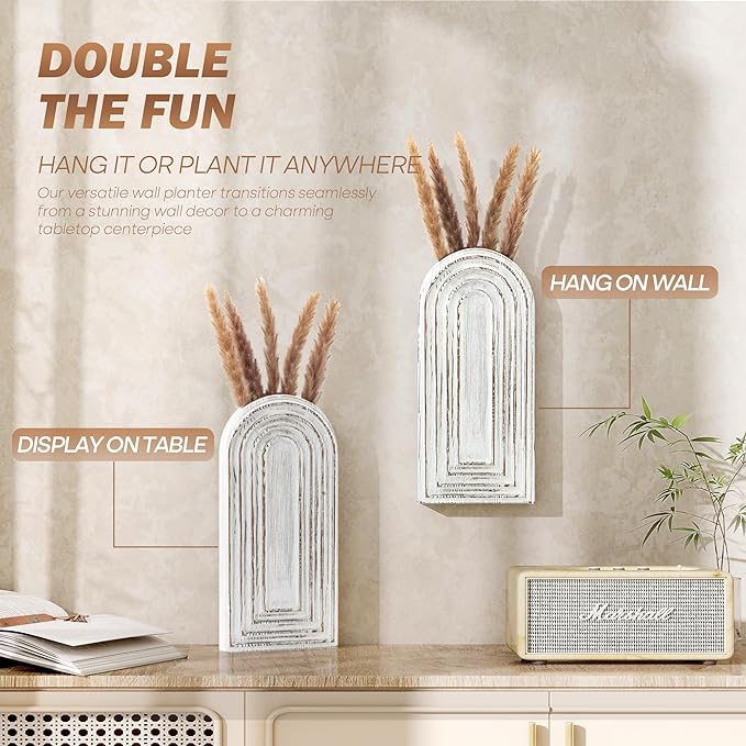 EOSAHR Pine Wood Wall Vases Set of 2 – Farmhouse Wall Decor for Living Room, Bedroom & Office – Hanging Planters for Indoor Plants & Artificial Flowers, Best Boho Chic Decor Accent (Whitewash)