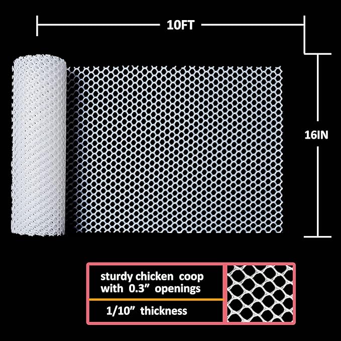Upgraded Plastic Chicken Wire Fence Mesh(16INx10FT) - Black/Green/White Colors 0.3" Openings,for Garden Net, Poultry Fencing, Chicken Wire Frame,Animal Cage Fence,Floral Netting (White)…