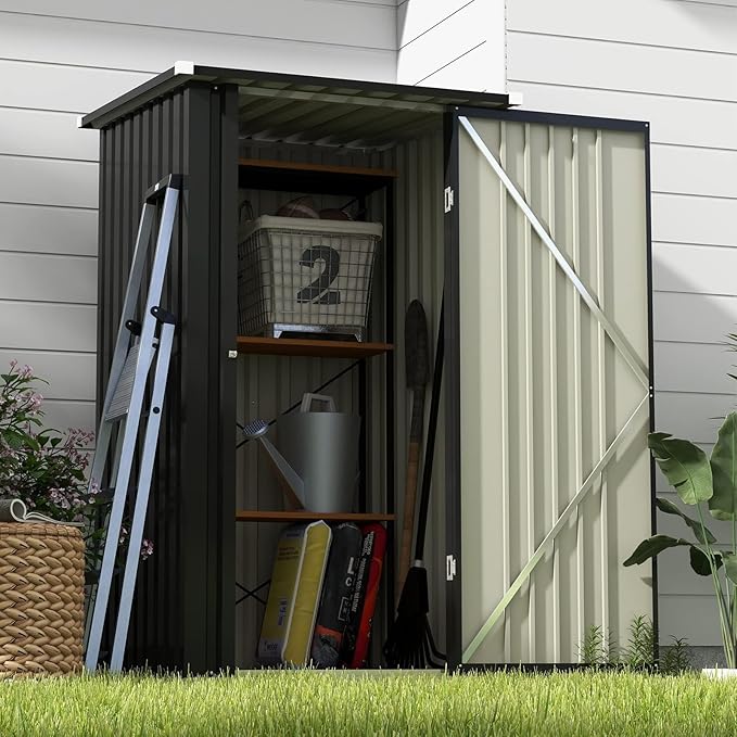 Patiolife 3 x 3 FT Metal Storage Shed, Small Patio Tool Shed with Sloping Roof & Lockable Door, Outdoor Garden Steel Shed for Backyard, Lawn, Easy-Assembly Black