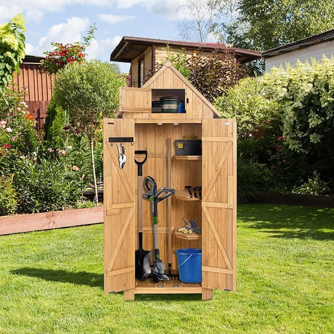 Wooden Outdoor Storage Shed with Double Doors,70” Tall Waterproof Storage Shed with Lock,Sheds & Outdoor Storage with Windproof Tipping for Deck,Backyard Garden and Yard