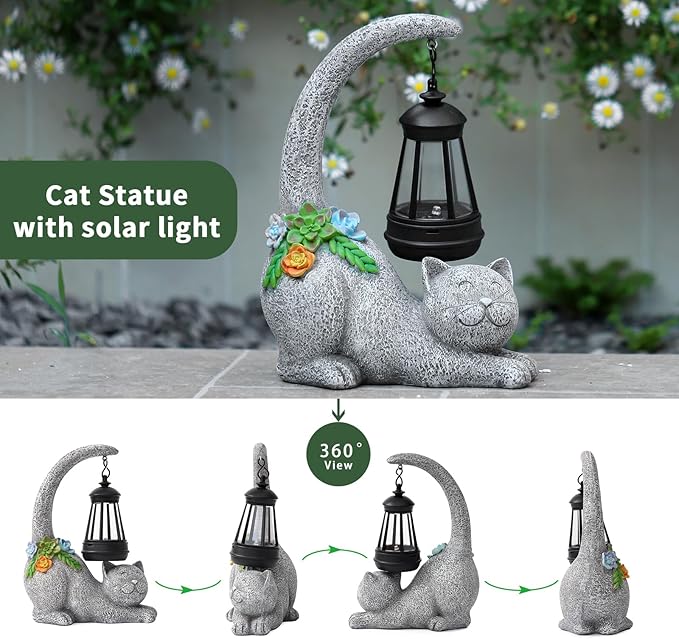 Garden Cute Cat Gnome Statue Decorations - Solar Resin Cat wtih Solar Garden Lights Outdoor Decorations Waterproof for Patio,Yard,Lawn,