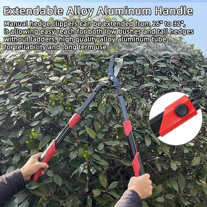 Hedge shears, Extendable 26"-32" Hedge Clippers with Sharp Wavy Blade, Manual Hedge Trimmer for Trimming Borders and Shaping Shrubs, Garden Shears Pruner for Lawn and Yard Tools