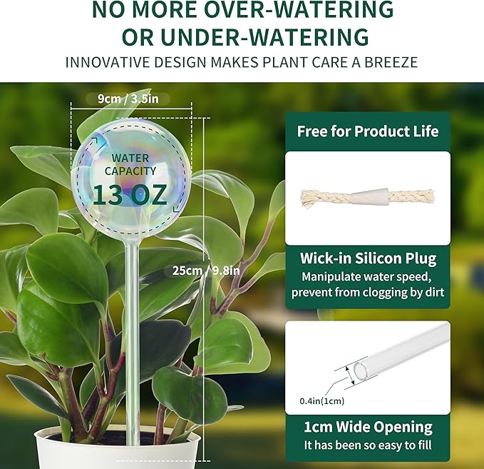 13 oz Up 2 Weeks Extra Large Plant Watering Globes, Iridescent Rainbow Glass Water Bulbs, Self Watering Planter Insert, Vacation Plant Watering Devices System, Automatic Plant Waterer, 2 Pack