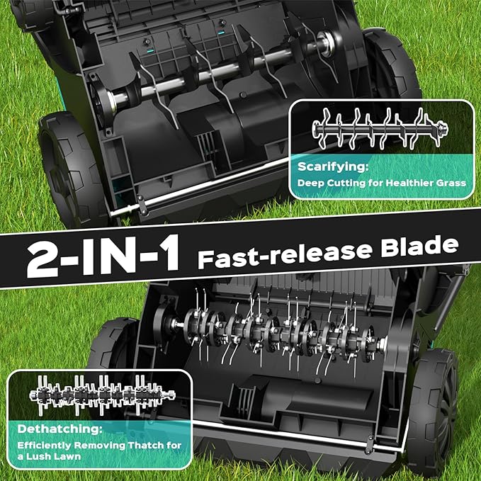13-Inch 2-in-1 Electric Dethatcher & Scarifier, 12 Amp Lawn Tool with 8 Gal Collection Bag, Adjustable Depth, Powerful Motor for Healthier Grass