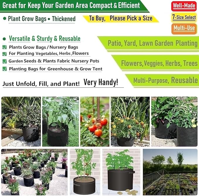 5-Pack 15 Gallon Plant Grow Bags (20x12 inch) Thickened Fabric Plant Pots Garden Bag for Potato,Tomato Planters,Herbs Veggies Planter Bag,Garden Pot,Flower Pot,Barrel Planter,Plant Container W/ Gloves