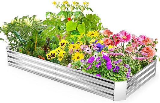 Giantex Galvanized Raised Garden Bed, 8x4x1FT Large Metal Planter Box with Gloves, Outdoor Bottomless Planter Raised Bed Kit for Vegetables Flowers, Herbs, Fruits, Silver