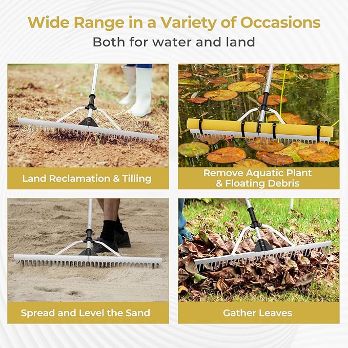 Goplus Floating Weed Lake Rake, 36" Aluminum Multifunctional Detachable Landscape Rake with Extension Handle, 20 FT Rope and Float, Weed & Algae Removal of Leaves, Floating Scum, Aquatic