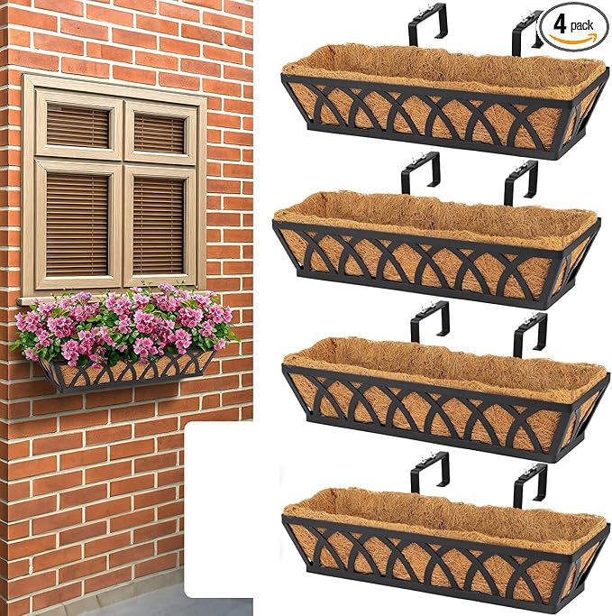 4 Pack 32IN Window Box Railing with Adjustable Brackets, Hanging Flower Planter Basket with Coco Liner for Outdoor Balcony Porch Fence Patio (Black)