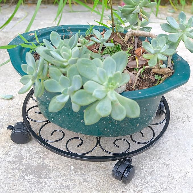 6 Pack Metal Plant Stand with Wheels 13.5 Inch Plant Caddy with Wheels Heavy Duty Wrought Iron Rolling Plant Stand Plant Dolly Plant Rollers Plant Cart Plant Mover with 6 Pack Plant Saucers