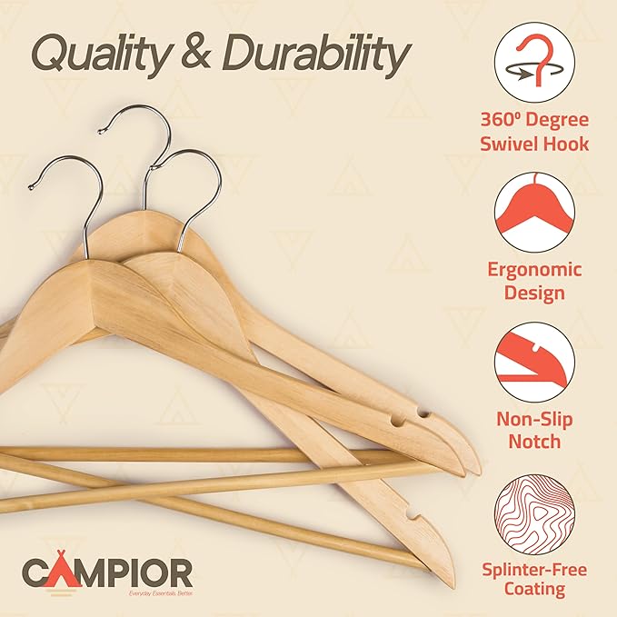 Natural Wooden Hangers 5 Pack – Heavy-Duty with 360° Swivel Hook, Non-Slip, Pants Bar & Shoulder Grooves - Wooden Hangers for Suits, Jackets, Dresses & Camisoles, Space-Saving and Smooth Finish