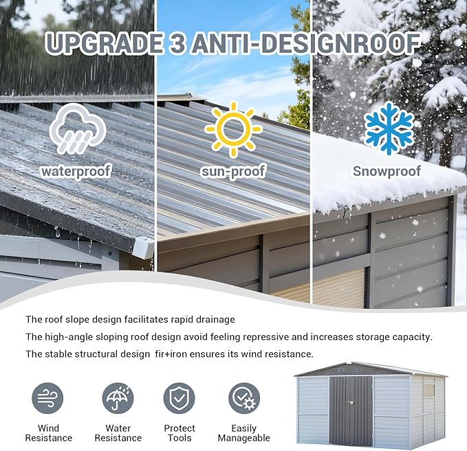 8x10FT Outdoor Storage Shed with Lockable Doors & Slooping Roof Wood & Metal Garden Tool Shed for Backyard, Patio, Poolside