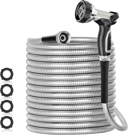 SPECILITE 120ft 304 Stainless Steel Garden Hose Metal, Heavy Duty Water Pipe with Nozzles for Yard, Outdoor - Flexible, Never Kink & Tangle, Puncture Resistant (Sliver)