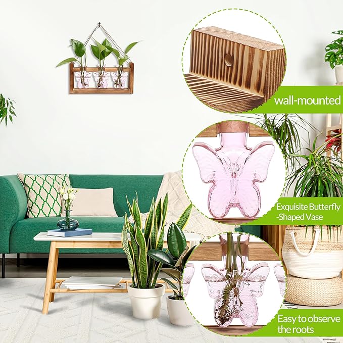 Glass Plant Propagation Station Butterfly Vases for Plants Birthday Gifts for Women Mom Office Home Decoration with Wooden Stand