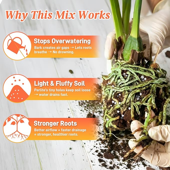 3QT Orchid Bark Potting Mix, Natural Orchid Potting Mix for Repotting, Blended with Small Pine Bark and Perlite to Provide Ideal Ventilation and Good Drainage for Orchids and Other Potted Plants