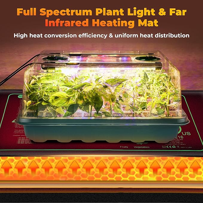 Seed Starter Tray, 96-Cell Seed Growing Tray with Grow Lights, Heat Mat, Indoor Gardening Plant Germination Trays (Green, 5 x 14.5 x 11 inches)