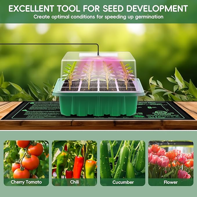 Verdenu Seed Starter Tray with Grow Lights and Temperature Control Heat Mat, 3 Pack 36-Cell Seedling Starter Kit with Humidity Dome, 3 Lighting Mode, Reusable Seed Germination Kit for Indoor Plant