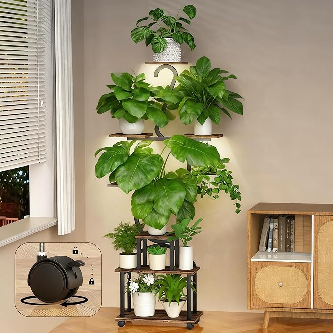 Plant Stand with Grow Lights, 8 Tiered 64" Corner Plant Stand, Metal Plant Shelf Indoor with Wheel, Large Plant Stands, Flower Rack Display for Living Room, Garden, Patio-Thick 1.2MM Steel Frame