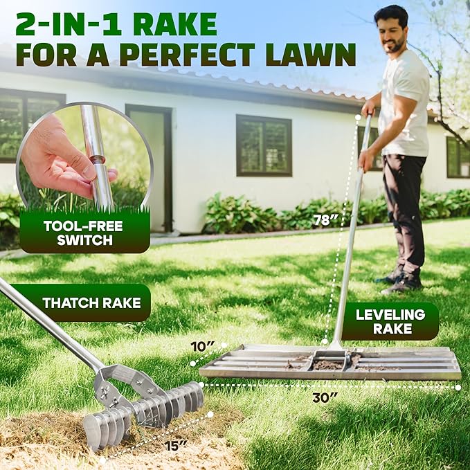 Oris Garden® Lawn Leveling Rake 30 inch - Ground Leveler for Yard, Sand, Soil, Grass - Dirt Leveling Tool, Heavy Duty Stainless Steel rakes for Golf, Grading, Gravel (30" Leveling + Thatch Rake)
