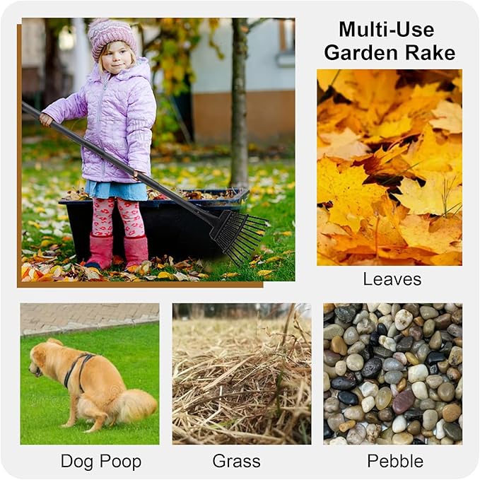 Small Rake for Leaves, 11 Metal Tines Narrow Leaf Rake, 60'' Leaf Rakes for Lawns with Adjustable Steel Handle for Camping Flower Beds Mulch Shrub, Black